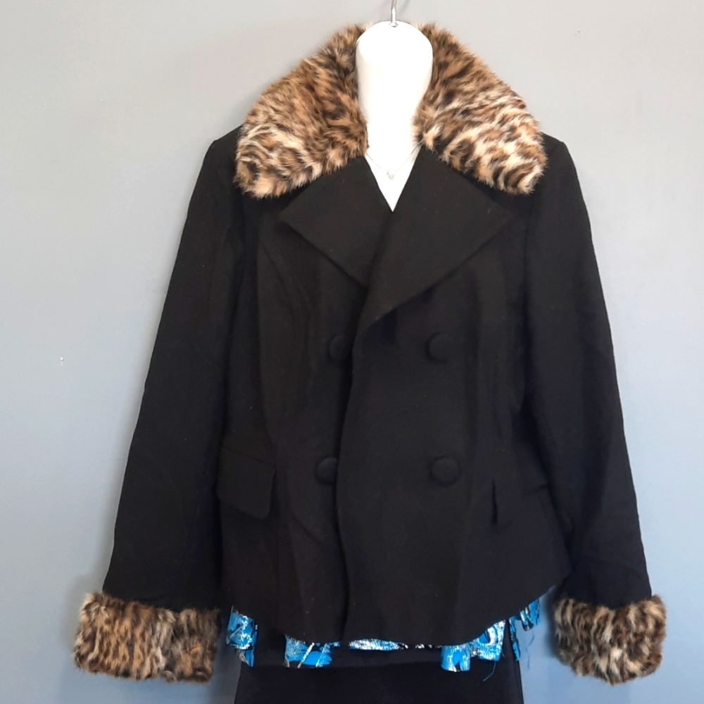 International Concepts Black wool and faux Leopard